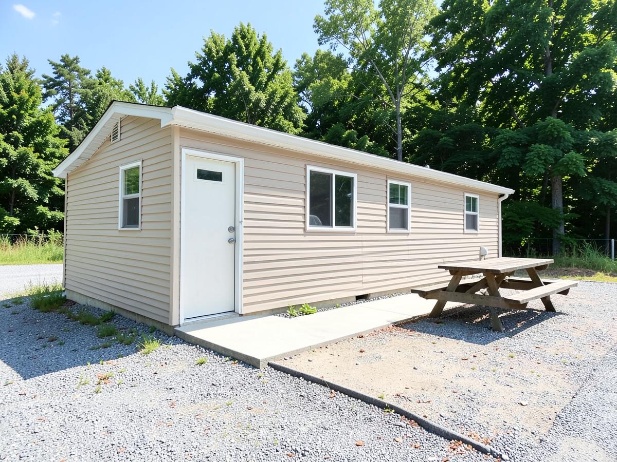 The on-site laundry and restroom building with a picnic table